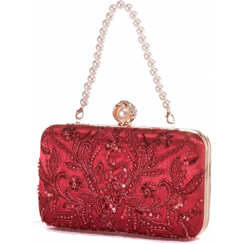 ⚡ Women's Evening Sequins Beaded Decent Designed Embroidery Red Clutch Handbag